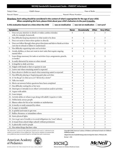 Initial Parent Vanderbilt Assessment Form